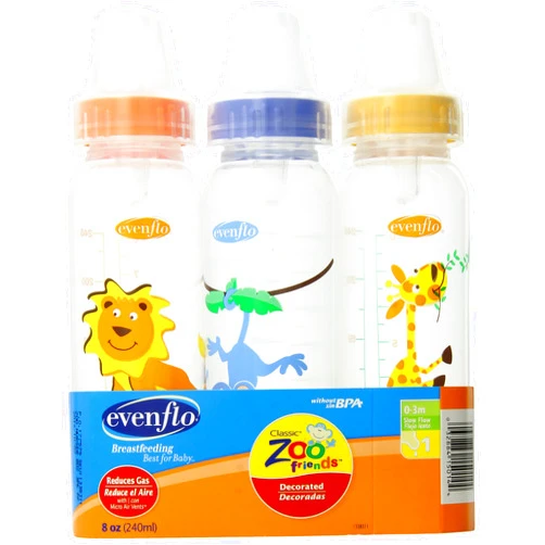 Evenflo Zoo Friends 3 Count Standard Nipple Bottle, 8 Ounce (Colors May Vary)