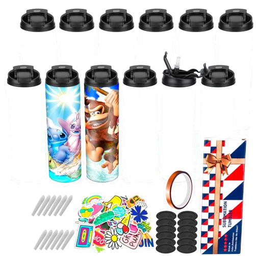 GRAUERHUND 12 Pack Sublimation Tumbler Blank 20 oz Straight Skinny, Sublimation Sport Water Bottles for Kid, with Gift Box, Shrink Wrap, and Lids