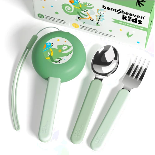 Bentoheaven Kids Travel Utensils with Case, Food-Grade Stainless Steel & BPA-Free Plastic, Travel Kid Cutlery Set, Dishwasher Safe Fork, Spoon & Case, Reusable Flatware, Silverware for Kids(Chameleon)