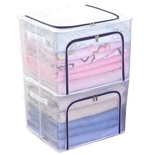 Kaysun Stackable Closet Clear Storage Bins with Lids Waterproof Foldable Steel Frame Storage Box for Clothes 66L Baby Cloth Storage bag Organizer for Bedding Clothing Toy(2-Pack) (Grey,19.7x15.7x13'')