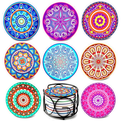 Teivio Absorbing Stone Mandala Ceramic Coasters for Drinks Cork Base with Holder, for Friends Funny Birthday Housewarming Apartment Kitchen Bar Decor, Suitable for Wooden Table, Coffee Table, Set of 8