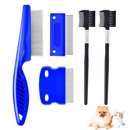 BRILLIRARE 5 Pack Dog Grooming Comb, Pet Flea Lice Cat Combs with Stainless Steel Rounded Teeth, 2-in-1 Double Sided Professional Dogs Tear Stain Remover, Dematting Tool for Small, Medium & Large Pets