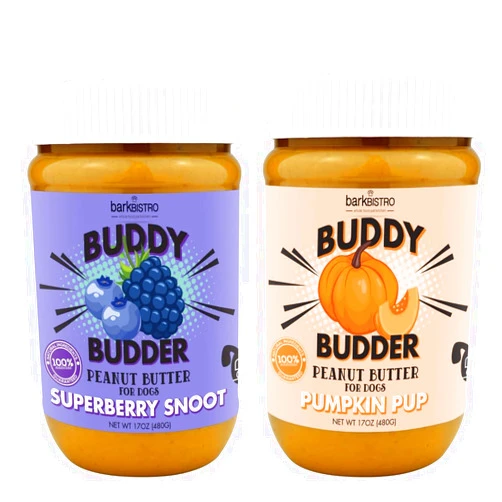 BUDDY BUDDER Bark Bistro Company, Superberry Snoot + Pumpkin Pup, Dog Peanut Butter, Healthy Dog Treats, Peanut Butter Dog Treats, Stuff in Toy, Dog Enrichment- Made in USA (Set of 2 / 17oz Jars)