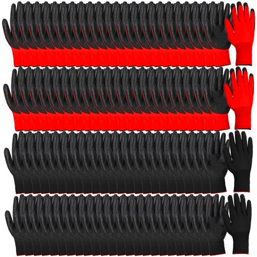 Lawei 48 Pairs Gardening Gloves for Men Women, 9 Inch Rubber Coated Safety Work Gloves Bulk, Breathable Reusable Garden Gloves for Weeding, Digging, Raking, Pruning and Construction, Black and Red
