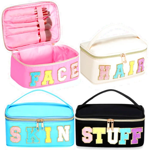 Sanwuta 4 Pcs Chenille Letter Makeup Bag Preppy Patch Cosmetic Bag Nylon Makeup Pouch Portable Travel Large Stuff Bag Toiletry Storage Bag with Zipper and Handle (Pink, Blue, Black, Beige)