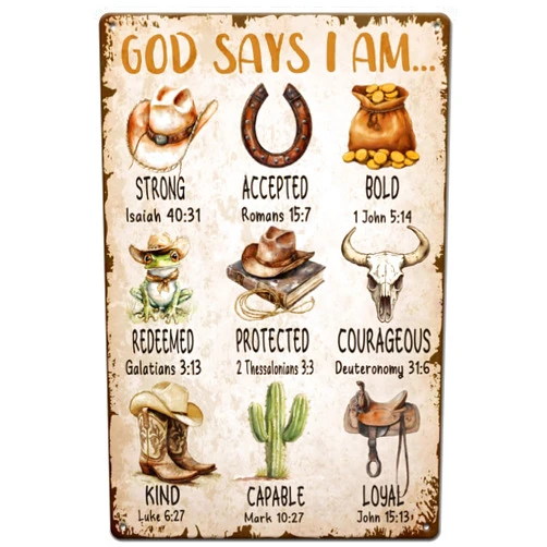 SUPERDANT Western Cowboy Metal Tin Signs God Says I Am Retro Metal Poster Tin Sign Christian Bible Verses Wild West Vintage Wall Art Decor for Home Living Room Bedroom Wall Decor Plaque