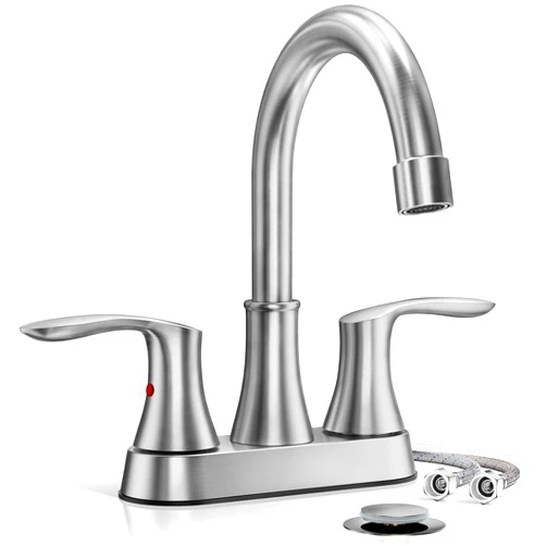 YAGATAP 4 Inch Bathroom Faucets for Sink 3 Hole, Faucet for Bathroom Sink with Pop-up Drain & 2 Supply Hoses,360 Swivel Spout Stainless Steel Lead-Free 2-Handle Centerset Faucet Brushed Nickel