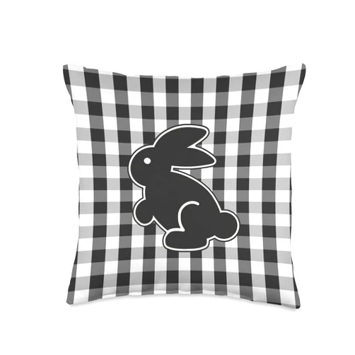 Spring Gingham Easter Décor Collection Gifts Black and White Gingham Check Plaid Easter Bunny Silhouette Throw Pillow