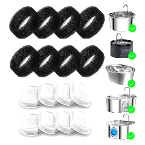 Wonder Creature 16 Pack Cat Water Fountain Filter Replacement, 4+4/8+8/12+12/16+16 Pack for Stainless Steel Cat Fountain 2L/67oz and 3.2L/108oz, 8 Carbon Filters & 8 Pre-Filter Sponges