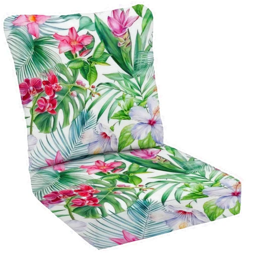 UQK145ZVG 2-Piece Outdoor Deep Seat Cushion Palm Leaves Tropical Flowers Orchid Hibiscus White Watercolor Lounge Chair Conversation Cushion Set for Patio Furniture Cushion Covers Replacement