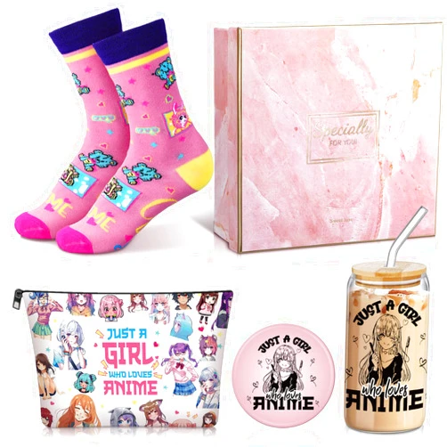 Kacctyen 5 Pcs Christmas Anime Gift for Girls Sets Include Anime Glass Cup Anime Tumbler with Lid Makeup Bag Cosmetic Travel Pouch Cosmetic Bag Anime Pocket Mirror Anime Sock for Xmas Anime Lover Gift