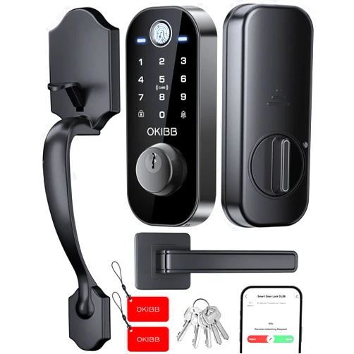 OKIBB Smart Front Door Lock Set, Built-in WiFi, Keyless Entry Deadbolt with App Remote Control, Electronic Digital Touchscreen Keypad with Lever Handle, Fingerprint/Passcode/Fob/Key Unlock, Auto Lock