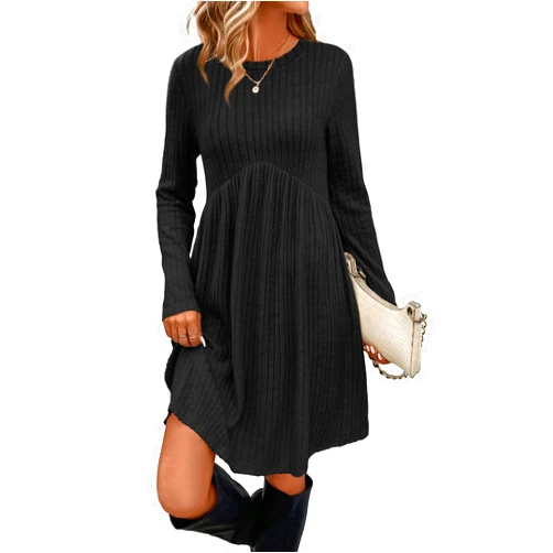 OFEEFAN Long Sleeve Dress for Women Crew Neck Empire Waist Tunic Dress with Pockets