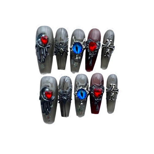 NEWSINTE Nail Ornament 3D Alloy Spider Cross Moon Heart Nail Jewel with Rhinrhino Black Red Halloween Nail Ornament Retro Gothic for DIY Nail Art Nail Decoration(Small)