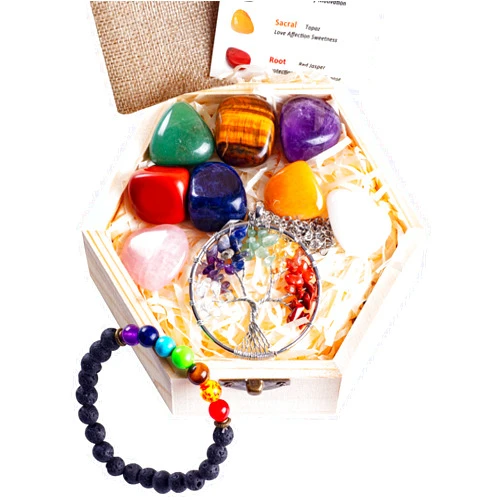 TIGEYYE Natural Healing Stones and Crystals Kit, 12 pcs in Wooden Box - 7 Chakra Tumbled Stones, Rose Quartz Heart, 7 Chakra Necklace & Bracelet, Fabric Bag, Reference Guide, Energy Crystals Set for Beginners