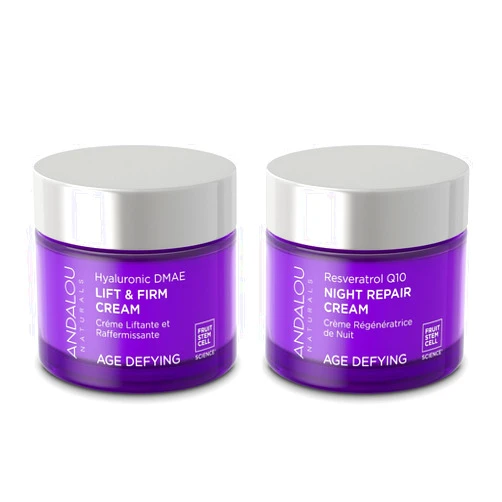 Andalou Naturals Resveratrol Q10 Night Repair Cream 1.7oz & Hyaluronic Dmae Lift Firm Skin Cream 1.7oz Hydrating, Helps Reduce Fine Lines and Wrinkles Value Bundle