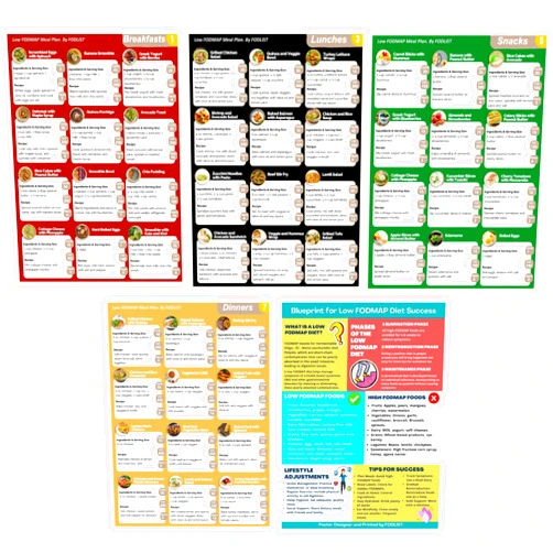 Fodlist 5PCS Low Fodmap Meal Plan & Nutrition Guide that Supports Gut Health, IBS Relief and Digestive Issues. Includes Educational Fodmap Diet Poster. Counts Calories, Carbs, & Fibers. Laminated