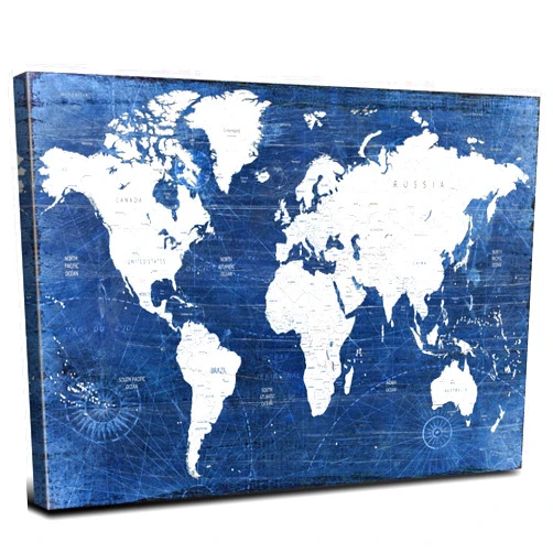AREBOLO Vintage World Map Wall Art for Office Living Room Decoration, Rustic Navy Blue and White World Map Picture Prints for Walls, Retro Abstract Map Poster Painting Artwork Framed Modern Home Decor 12x16”