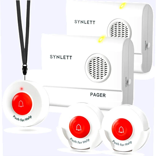 SYNLETT Caregiver Pager Wireless Nurse Call Button for Elderly Monitoring SOS Alert System Portable Alarm Call Bell for Home Care Seniors Patients Emergency 3 Call Buttons 2 Pagers