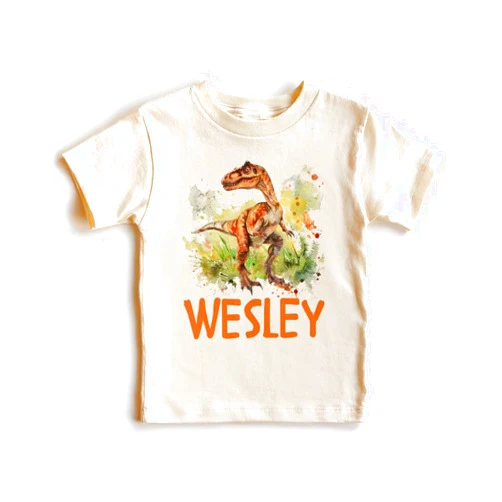 Handmade Custom Dinosaur Raptor Shirt - Personalized Kids Name Birthday Outfit For Boys & Girls - Natural Toddler Youth Tee