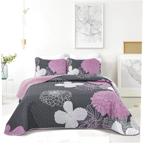 Anibedding Pink Floral Quilts Set King Size - 3 Pieces Grey Quilted Bedspreads in Pink Flower Pattern, Reversible Microfiber Coverlet Bedding Set with 2 Pillowcases, All Season Lightweight Quilt(104
