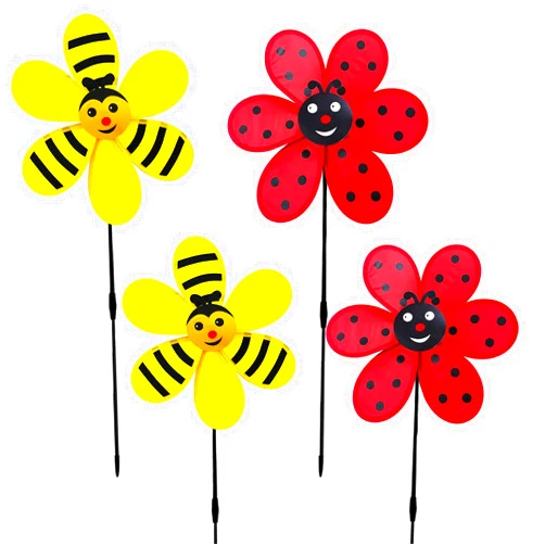 Yuuzue Flower Wind Spinner 4pcs Garden Pinwheels Whirligigs 11.8inch Ladybug Bee Windmill Wind Spinner Pinwheel for The Yard Garden Lawn Patio Outdoor Decor Kid Toys