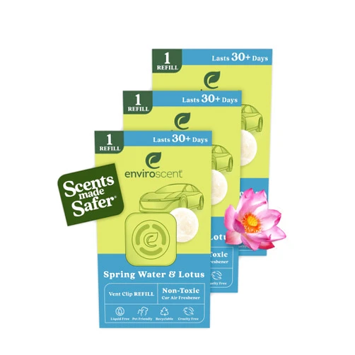Enviroscent Non-Toxic Car Air Freshener (Spring Water & Lotus) Car Air Freshener Infused with Essential Oils | Car Scent Lasting Over 30 Days | 3 Car Vent Clip Air Freshener Scent Pod Refills