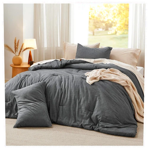 QuKan Bed, Cotton Comforter Set Queen Size - 100% Washed Cotton Comforter, Soft Bedding Compatible with All Seasons, 4 Pieces, MM-102