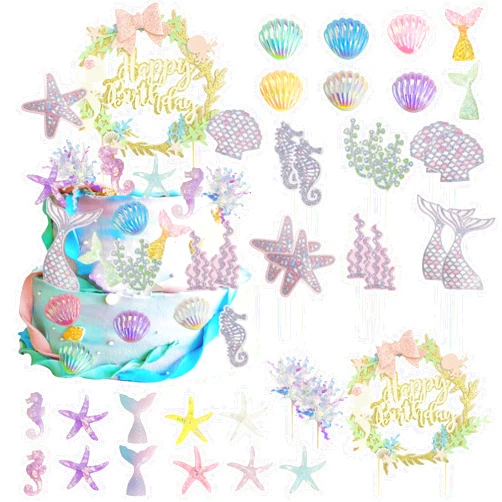 DRWATE 34PCS Mermaid Birthday Cake Topper Kit with Mermaid Themed Cupcake Topper Picks, Glitter Seaweed Decor and Starfish Conch Seahorse Shell for Birthday Party, Wedding Mermaid Party Supplies