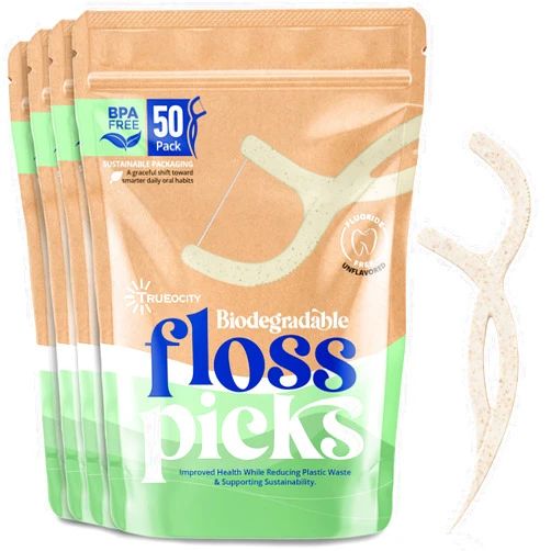 Trueocity Biodegradable Floss Picks, 200 Count, 4 Cases, Dental Floss Picks that are Plant-Based, Non-Toxic flossers Biodegradable, Sustainable Vegan Floss, Also eco-Friendly Tooth flossers,Oral Care Solution
