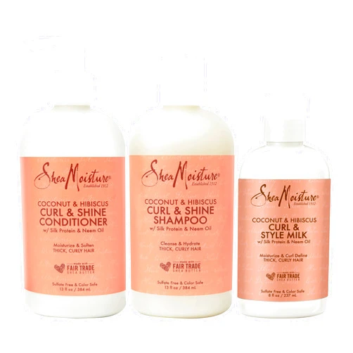 SheaMoisture Moisturize and Define Shampoo, Conditioner and Styling Milk for Curly Hair Care Coconut and Hibiscus with Shea Butter and Coconut Oil