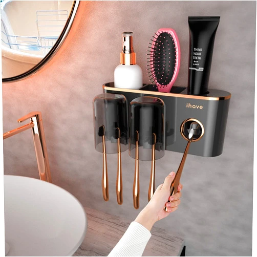 iHave Toothbrush Holders Bathroom Accessories with Toothpaste Dispenser, 2 Cups Toothbrush Holder Wall Mounted Bathroom Decor