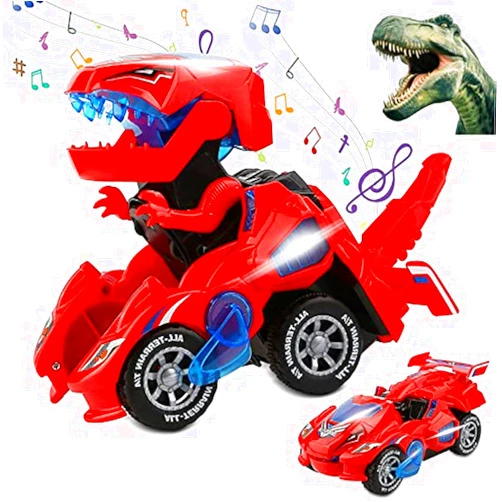 Sunnhan Transforming Toys, 2 in 1 Transforming Dinosaur LED Car Dinosaur Transform Car Toy Automatic Dinosaur Dino Transformer Toy Car Lamps for Kids,Toddlers ( Ages 3-12, Red)