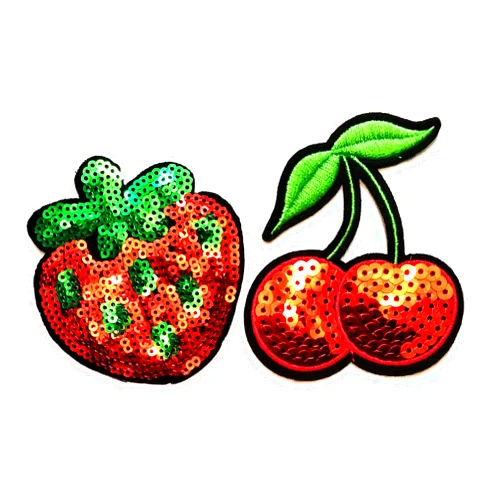 NiPitShop Cartoon Patch Nipitshop Patches Set 2 Pcs Strawberry Red Cherry Fruit Patch Strawberry Cherry Sequin DIY Applique Embroidered Sew Iron on Patch For Clothes Backpacks T-shirt Jeans Skirt vests scarf Hat Bag