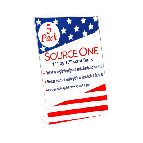 SOURCEONE.ORG Deluxe 11 Wide x 17 Tall Slant Back Clear Thick Acrylic Sign Holder - Brochure Holder (5 Pack)