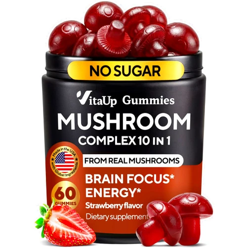 VitaUp Mushroom Gummies for Adults - USA Made 10 in 1 Mushroom Supplement - Mushroom Complex with Lions Mane, Cordyceps, Turkey Tail, Reishi, Shiitake for Cognitive & Immune Support - 60 Count