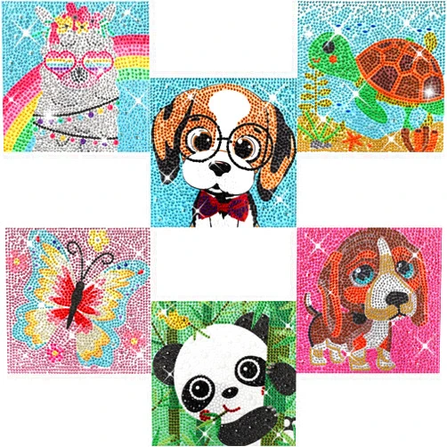 KINPLUB 6 Pack Diamond Art Kits for Kids Beginners, DIY Full Drill Animal 5D Diamond Painting Kits for Kids Ages 6-8-10-12, Gem Art by Number Dots Kits for Boys & Girls for Birthday Gifts(6x6 Inch)