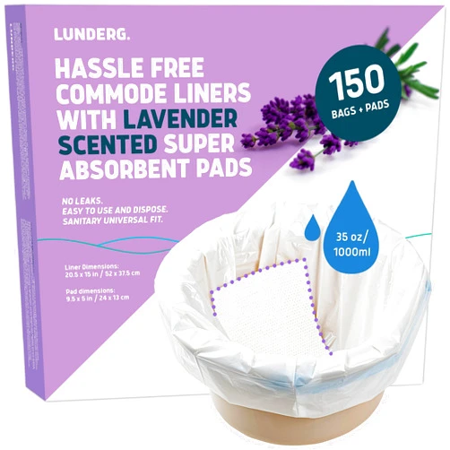 Lunderg Commode Liners with Absorbent Pads - Lavender Scent Medical Grade 150 Count Universal Fit - Disposable Bedside Commode Liners and Pads for Adult Chairs, Portable Buckets & Camping Toilet Bags
