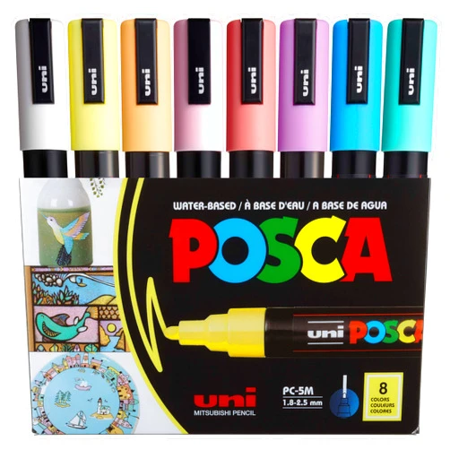 posca Markers Set, 8 Medium Paint Markers 5M – Soft Tones – White, Sunshine Yellow, Apricot, Light Pink, Coral Pink, Lavender, Light Blue, Aqua Green