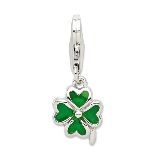 Sonia Jewels Solid 925 Sterling Silver Pendant Green Enameled Four Leaf Clover Charm (23mm x 9mm)
