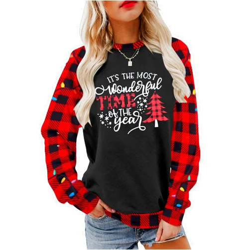 TAOHONG Merry Christmas Sweatshirt Women Xmas Buffalo Plaid Tree Color Block Christmas Snowflake Print Long Sleeve Top Shirts