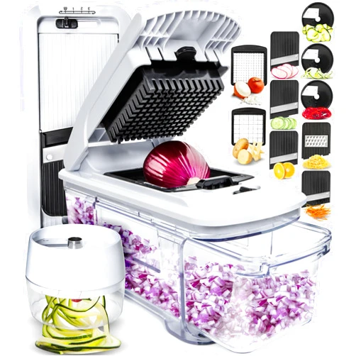 Fullstar All-in-1 Vegetable Chopper, Mandoline Slicer & Cheese Grater - French Fry Cutter & Veggie Dicer - Cheese Slicer - Includes Bonus Handheld Spiralizer (6 in 1, Black/White)