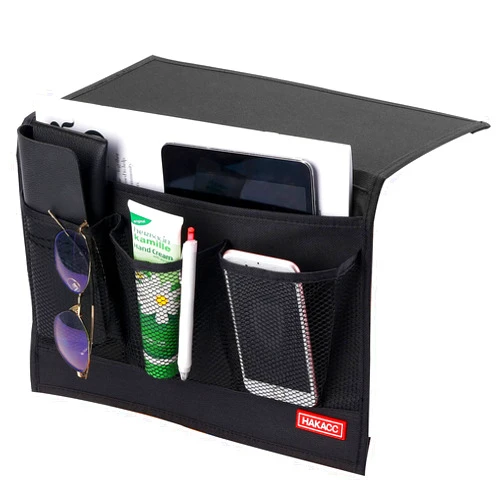 HAKACC Bedside Storage Organizer with Pockets，Bedside Caddy,Remote Control Holder Armchair Couch Caddy Sofa Armrest Bag，bed accessories,Black