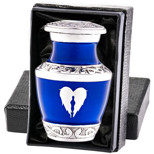 Olivia Memorials Urn for Ashes Women and Men - Small Urns for Human Ashes Adult Male or Female - Blue Decorative Mini Urns Angel Wings - Cremation Keepsakes Memorial Heart Urn