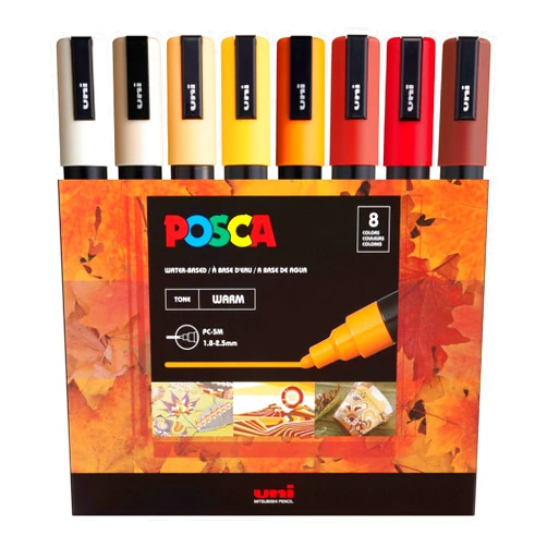 Posca Markers Set, 8 Medium Paint Markers 5M – Warm Tones – Ivory, Beige, Apricot, Ochre, Bright Yellow, Ruby Red, Dark Red, Cacao Brown