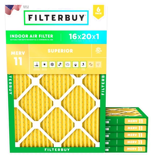 Filterbuy 16x20x1 Air Filter MERV 11 Allergen Defense (6-Pack), Pleated HVAC AC Furnace Air Filters Replacement (Actual Size: 15.50 x 19.50 x 0.75 Inches)