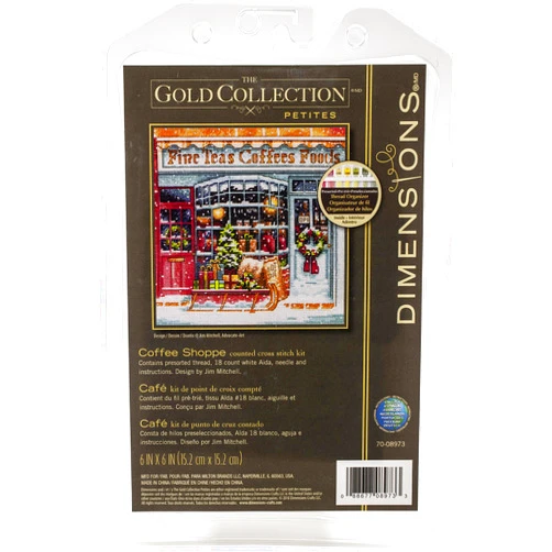 Dimensions Gold Collection Small Counted Cross Stitch Kit, 'Coffee Shoppe', 18 Count White Aida Cloth, 6'' x 6'', Black