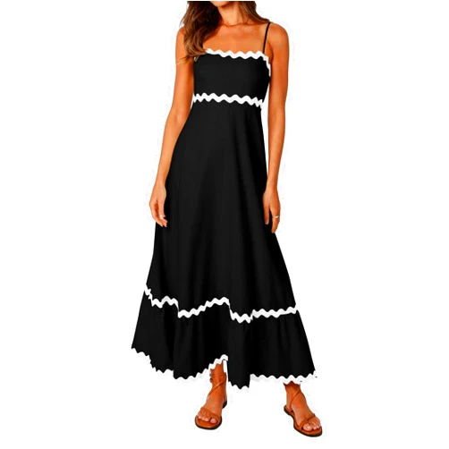 FEAPHY Women's 2024 Summer Boho Spaghetti Strap Sleeveless Rickrack Trim Flowy A-Line Cami Maxi Dress Sundress