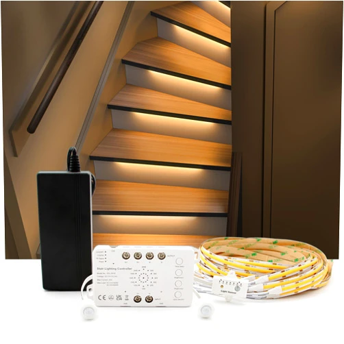RWOFNIA Motion Sensor with Daylight Sensor Sync Light Up Type LED Stair Lighting Kit SSL-0516, Suilt for 20-40inches Wide Indoor Staircase (Warm White 3000K, 12 Stairs)
