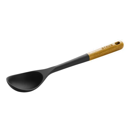 STAUB Serving Spoon, Great for Scooping Sides and Serving Hearty Stews, Durable BPA-Free Matte Black Silicone, Acacia Wood Handles, Safe for Nonstick Cooking Surfaces